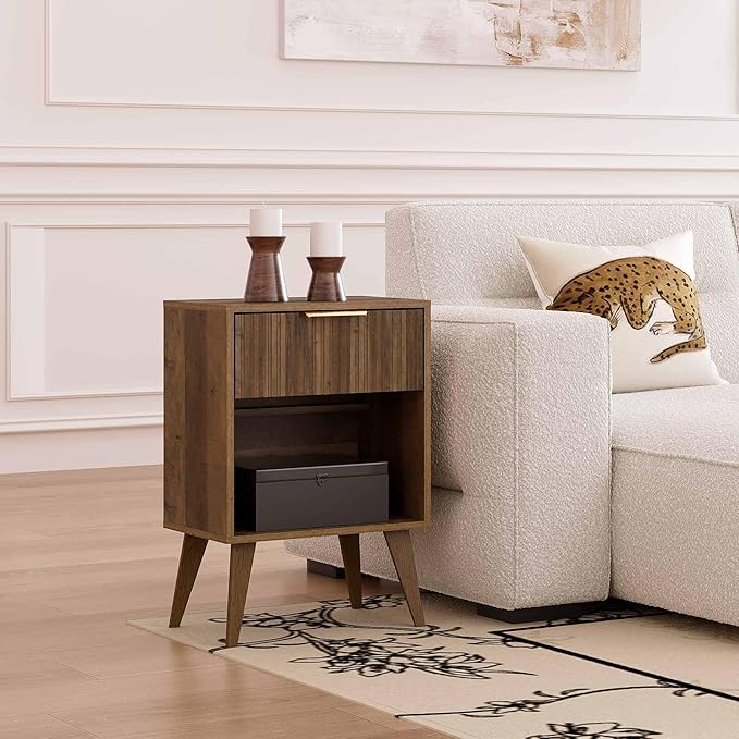 Fluted Night Stand with Opening Storage, Mid Century Bedside Table with Drawer - Image 5