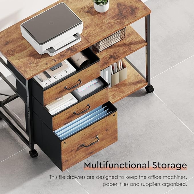 3 Drawer File Cabinet with Wheels Rolling Printer Stand with Open Storage Shelf - Image 4