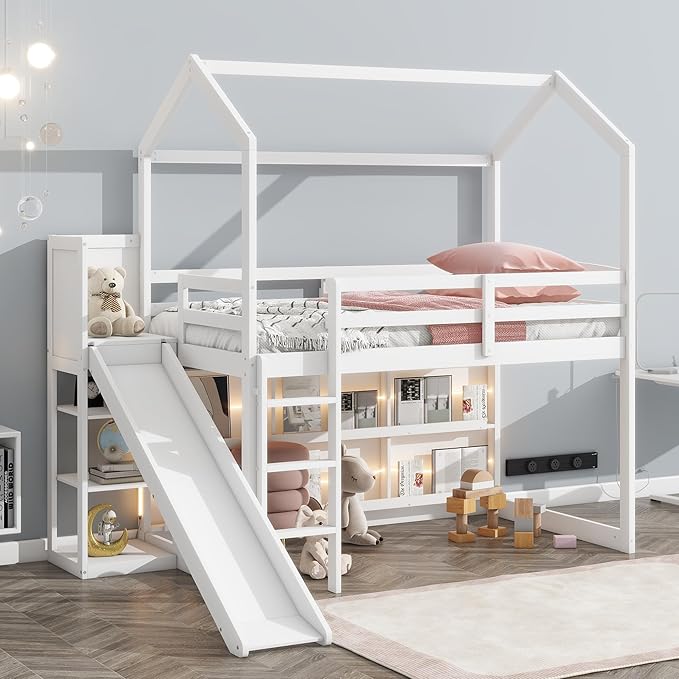 Twin Size House Loft Bed with Slide, Storage Shelves and Light, Wood Kids Bed by Favfurish
