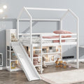 Twin Size House Loft Bed with Slide, Storage Shelves and Light, Wood Kids Bed by Favfurish