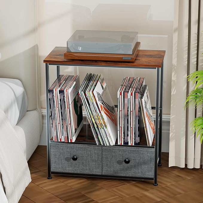 Record Player Stand with Vinyl Storage, 2-Tier Record Shelf Table with Fabric - Image 6