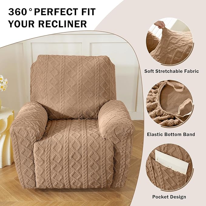 vctops 4 Pieces Geometric Jacquard Plush Recliner Slipcovers Soft Fuzzy Fluffy - Image 4