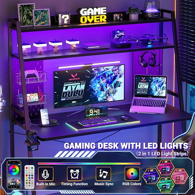 Gaming Desk with Hutch and LED Lights, Gaming Computer Desk with Power Outlets - Image 4