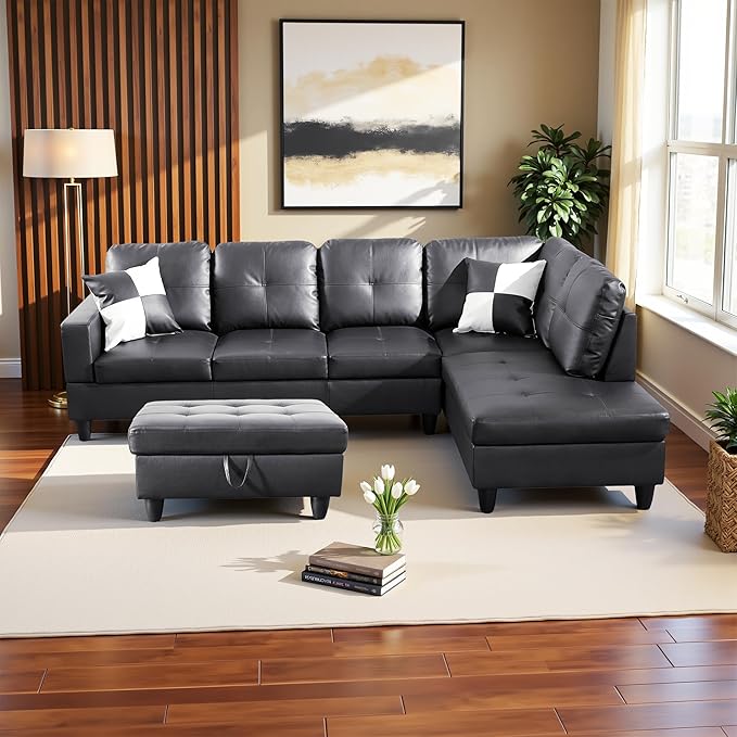Couches for Living Room Faux Leather L Shaped Couch Comfy 3 Pieces Sectional - Image 4
