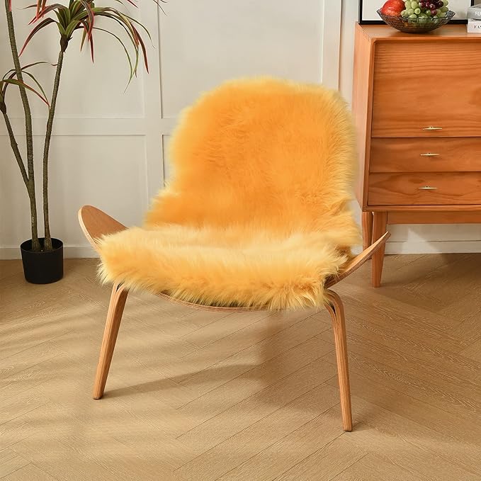 duduta Yellow Faux Sheepskin Throw Rug 2x3 ft, Fluffy Shag Fur Chair Cover - Image 6