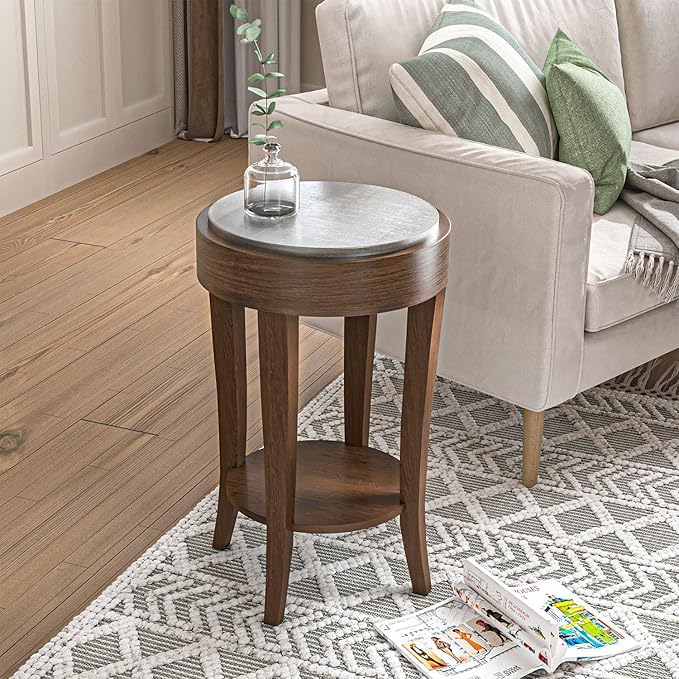 COSIEST Set of 2 Farmhouse Round End Table, 2-Tier Classic Brown Side Table - Image 2