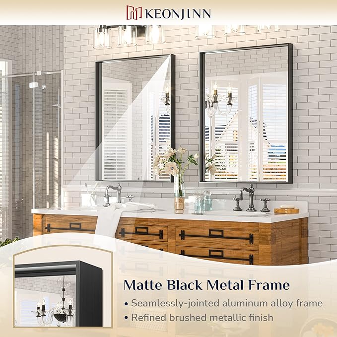 Keonjinn Black Bathroom Mirror 22 x 30 Inch, Brushed Black Framed Mirror - Image 7