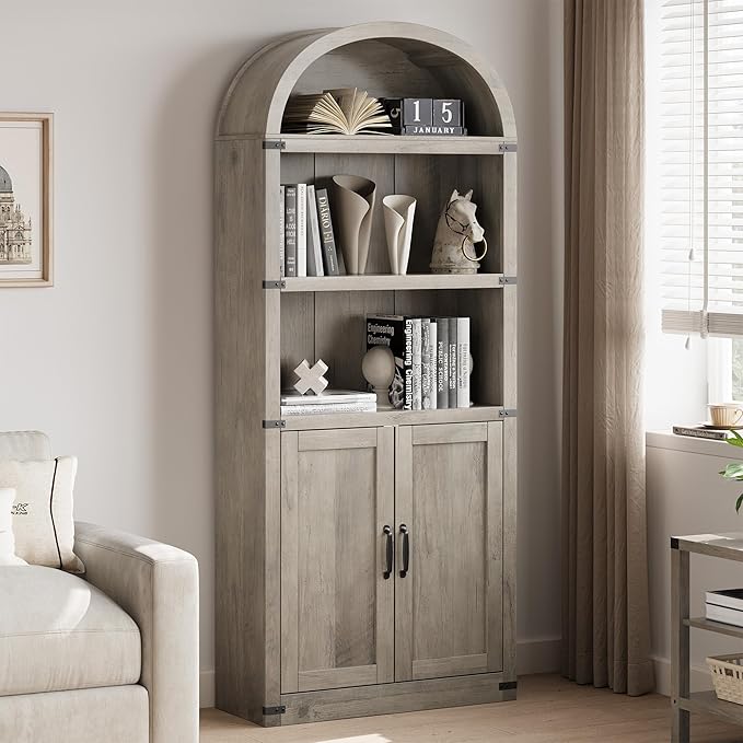 Garveehome Bookcase with Doors Arched Bookshelf 71.65in Tall Bookcase Farmhouse - Image 9