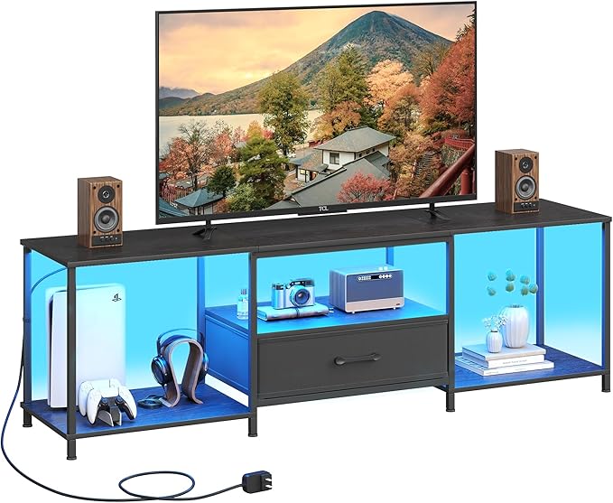 TV Stand with LED Lights, Entertainment Center with Open Shelves and Fabric by JARHETUN