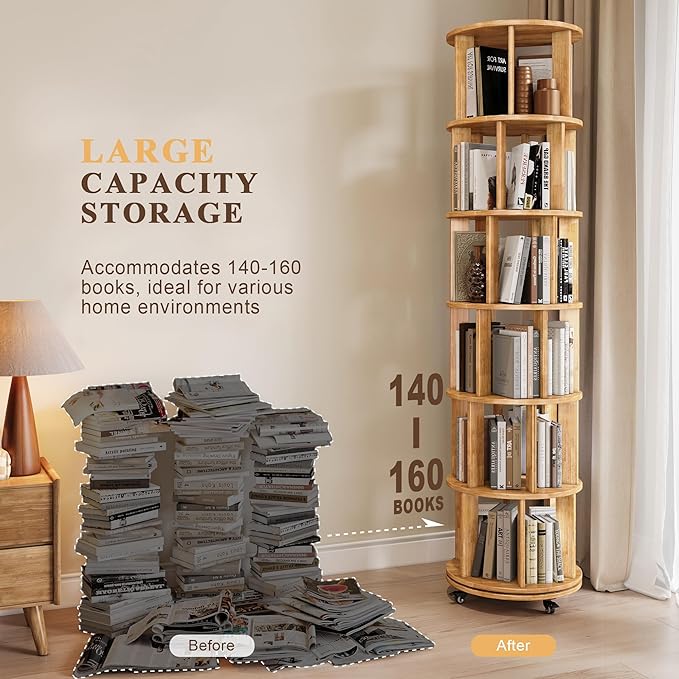 6 Tier Bookshelf Tower, 360° Solid Wood Spinning Bookcase - Image 3