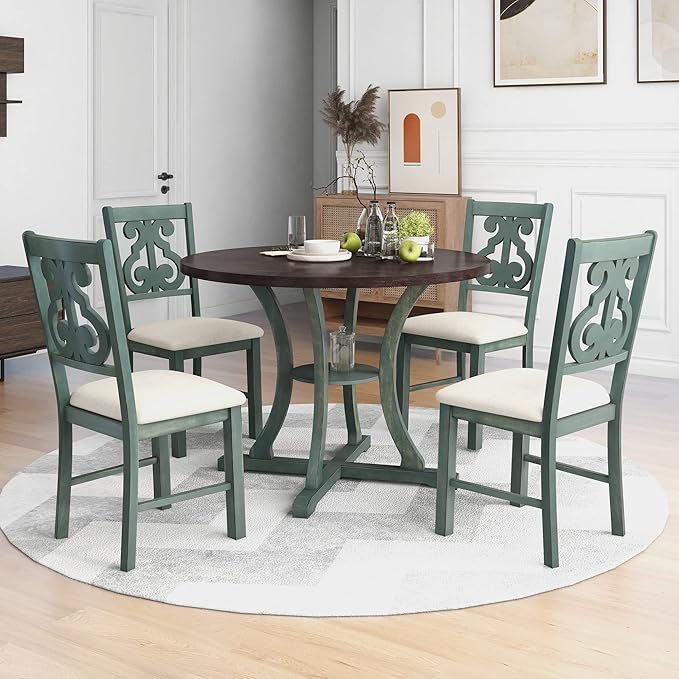 Merax 5 Piece Round Dining Table Set 4 Retro Chairs - Image 7