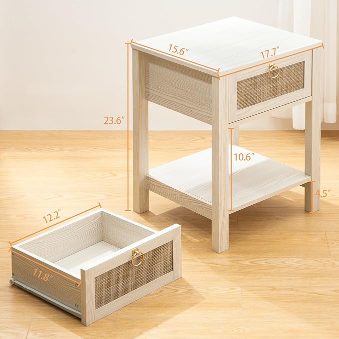 SICOTAS White Nightstand Set of 2, Rattan Decor Drawer - Image 3