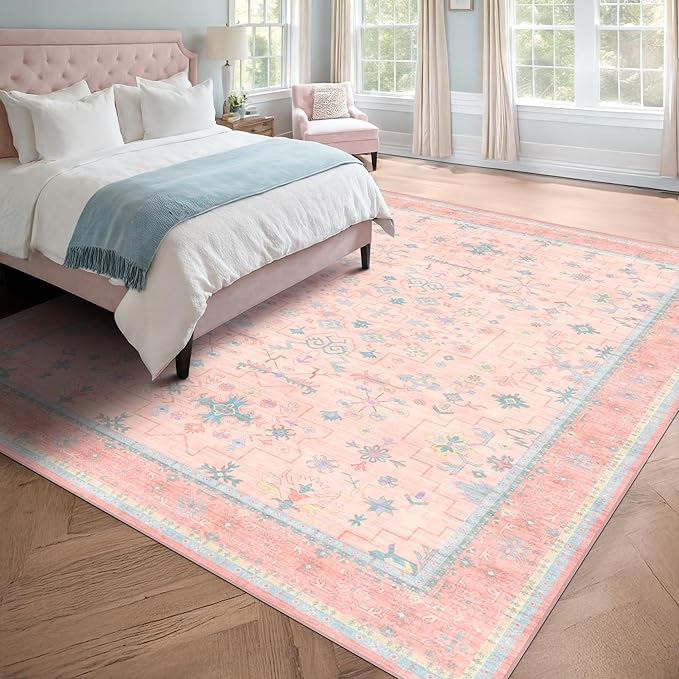 Washable Pink and Blue 6x8 Boho Rugs by HazoHaus