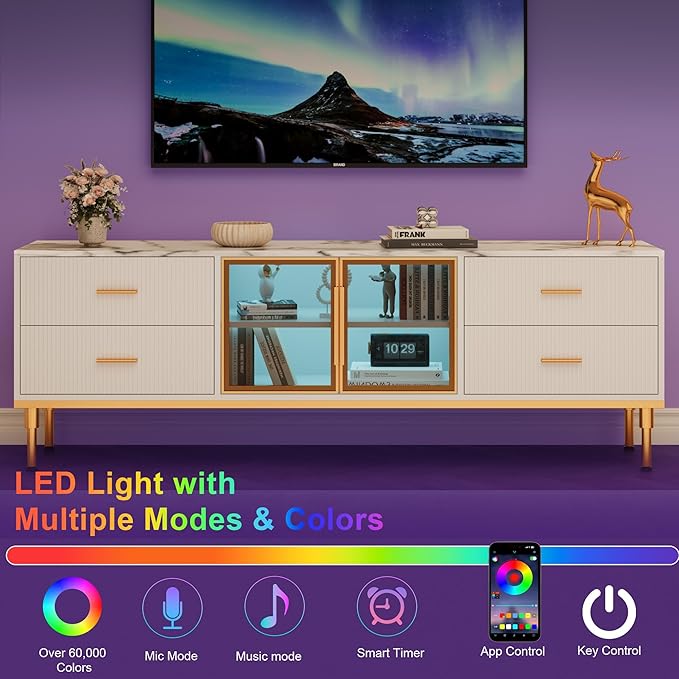 66" Fluted TV Stand with LED Light, Modern Entertainment Center - Image 4