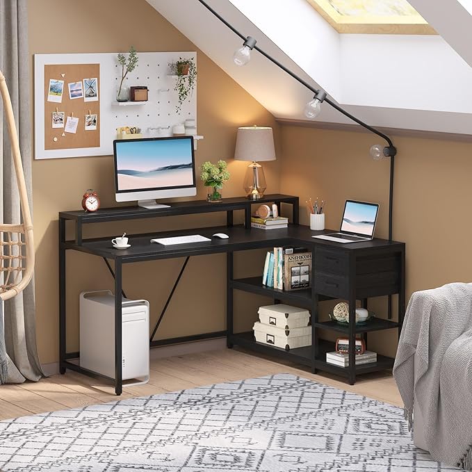 Tribesigns L Shaped Desk with Drawer and Monitor Stand - Image 3