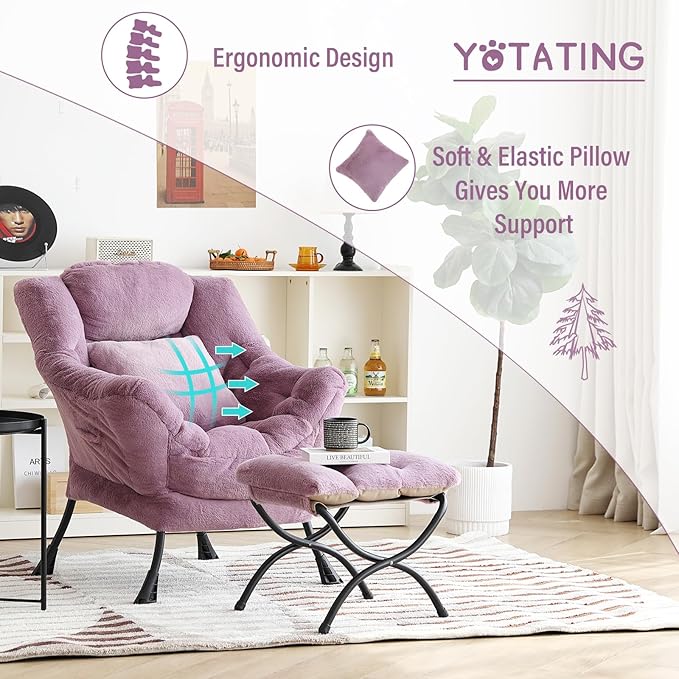 Lazy Chair with Ottoman, Comfy Reading Lounge Chair with Footstool & Throw - Image 8