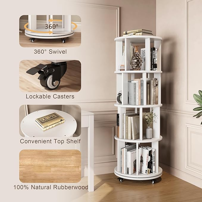 4-Tier Rotating Bookshelf, 360° Spinning Stackable Bookcase, Freestanding - Image 5