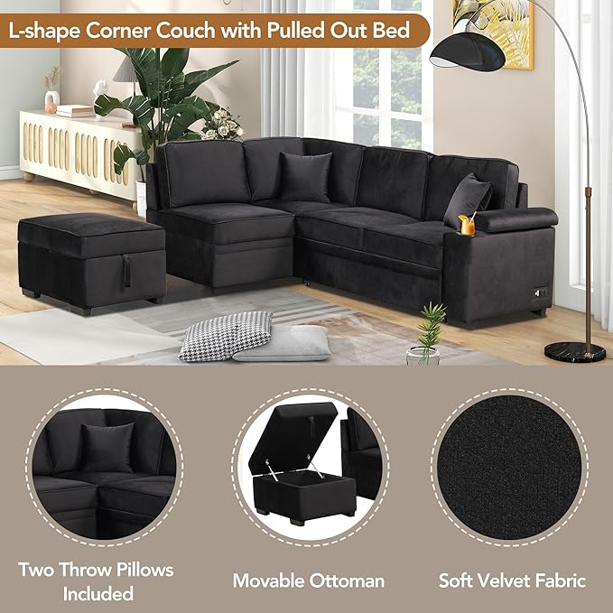 Ball & Cast 84" Convertible Sectional Sofa Bed, L-Shaped Sleeper Couch - Image 4