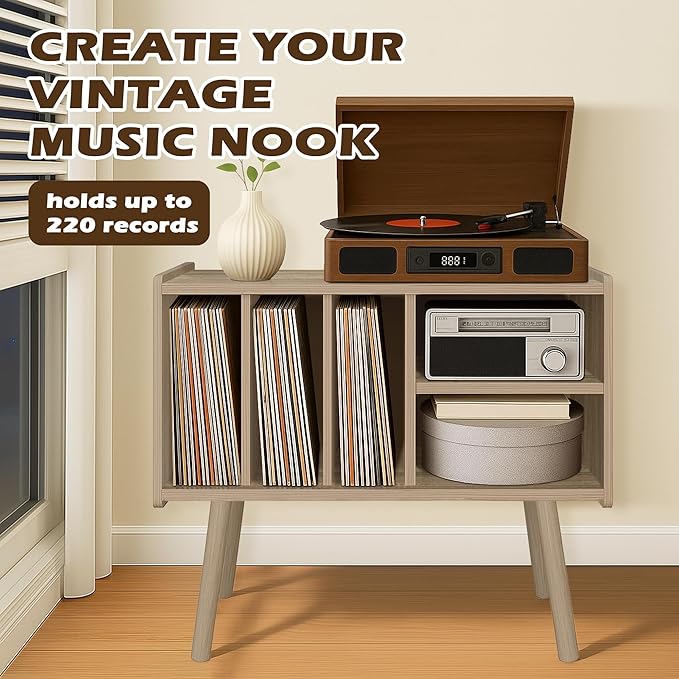 Record Player Stand with Vinyl Storage, Wooden Record Player Table with 5 - Image 3