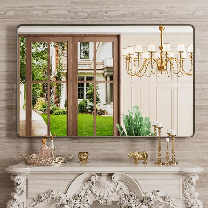 48X30 Inch Black Bathroom Mirror, Rounded Rectangle Matte Bathroom Vanity Mirror by JISOSO