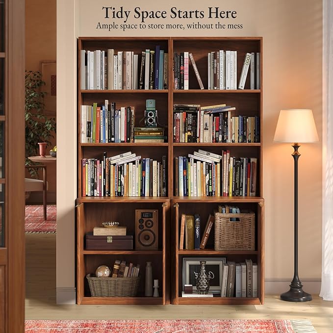71" Walnut Bookcase with Doors, 5 Tier Fluted Tall Bookshelf with Storage - Image 6