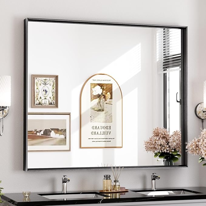 Keonjinn Black Framed Mirror 42 x 36 Inch Bathroom Vanity Mirror by Keonjinn