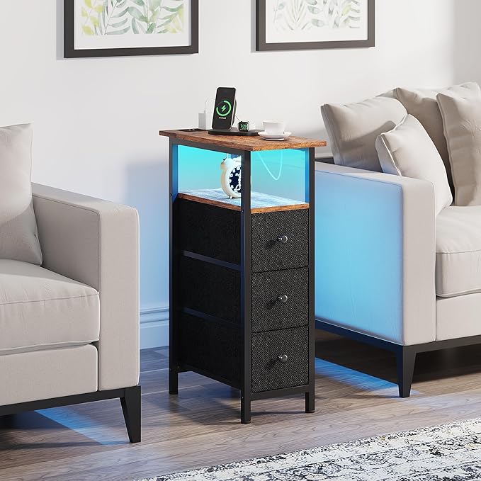 End Table with Charging Station, Narrow Side Table with 3 Fabric Drawers - Image 8