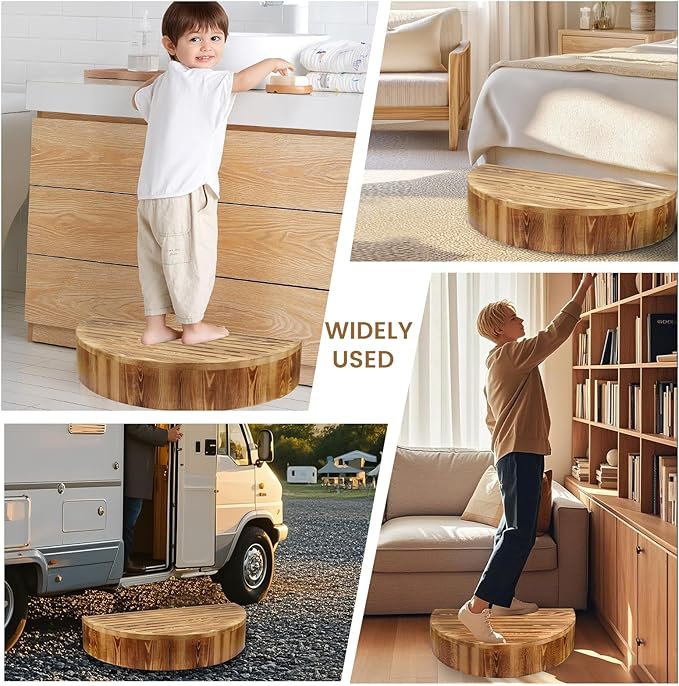 Solid Wooden One Step Stool, 5.2" High Semicircular Wood Bed Step - Image 6