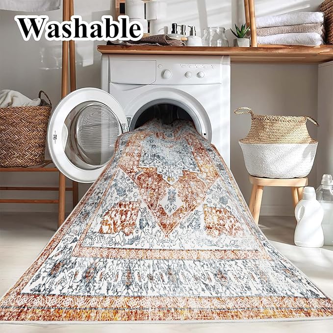 Area Rug 6x9 Washable Rug Tangerine Vintage Traditional Floor Cover Thin Retro - Image 3