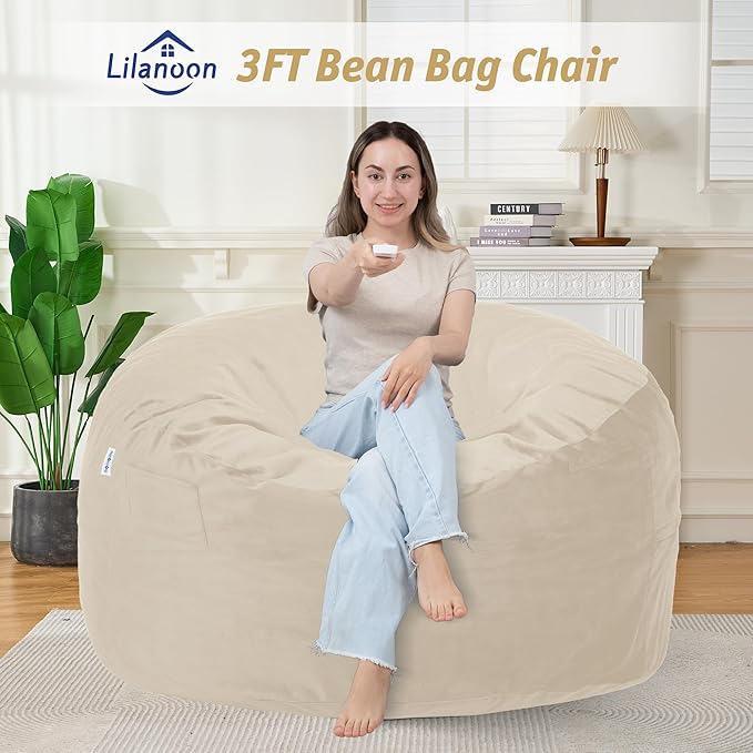 3FT Bean Bag Chair with Ultra Soft Velvet Cover Bean Bag Sofa with Memory Foam - Image 3