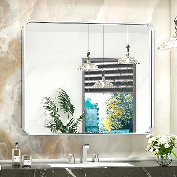 TokeShimi 42x36 Inch Brushed Silver Bathroom Mirror by RefinedBathroomAccessories
