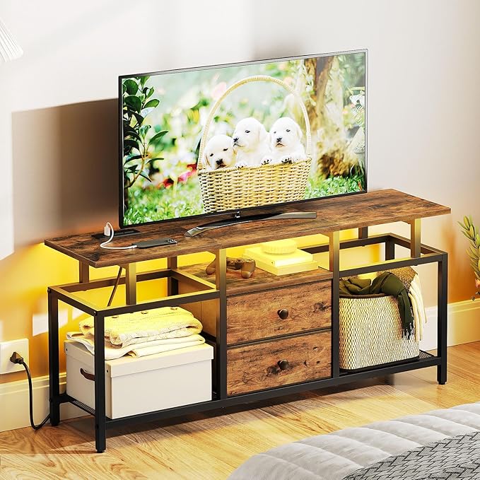 TV Stand with LED Light and Power Outlets, Entertainment Center with Fabric - Image 2