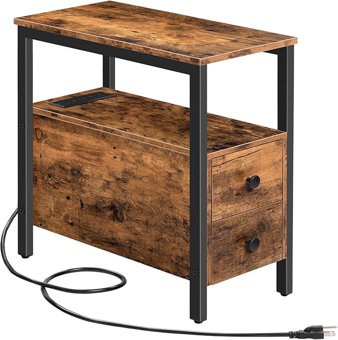 HOOBRO End Table with Charging Station, Narrow Side Table with 2 Drawer & USB by HOOBRO