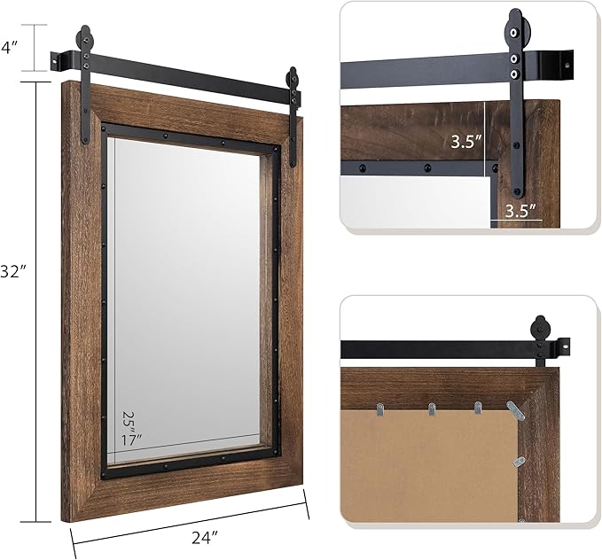 YOSHOOT Farmhouse Barn Door Mirror, Wood Frame Wall Mirror, Wooden Mirror - Image 2