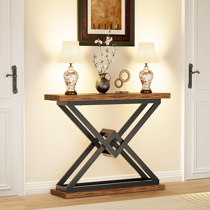 JUSTOGO 39.4" Console Table, Industrial Entryway Table Triangle Design - Image 4