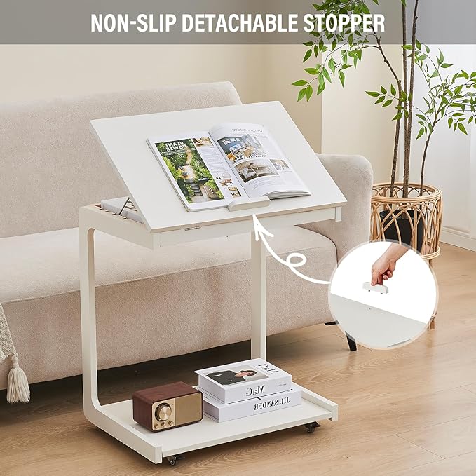 CozyDH Adjustable C Shaped End Table, Rolling Side Table Solid Wood TV Sofa - Image 6
