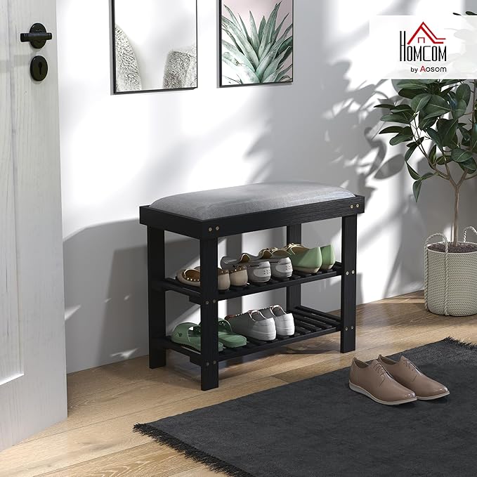HOMCOM Bamboo Shoe Bench, 3-Tier Entryway Bench - Image 2