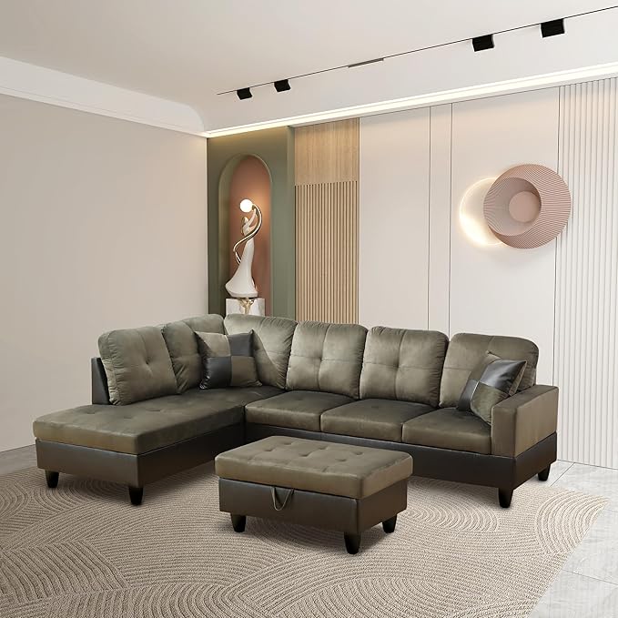 L Shaped Sectional Sofa with Ottoman, Color Blocking Flannel Leather Right - Image 5