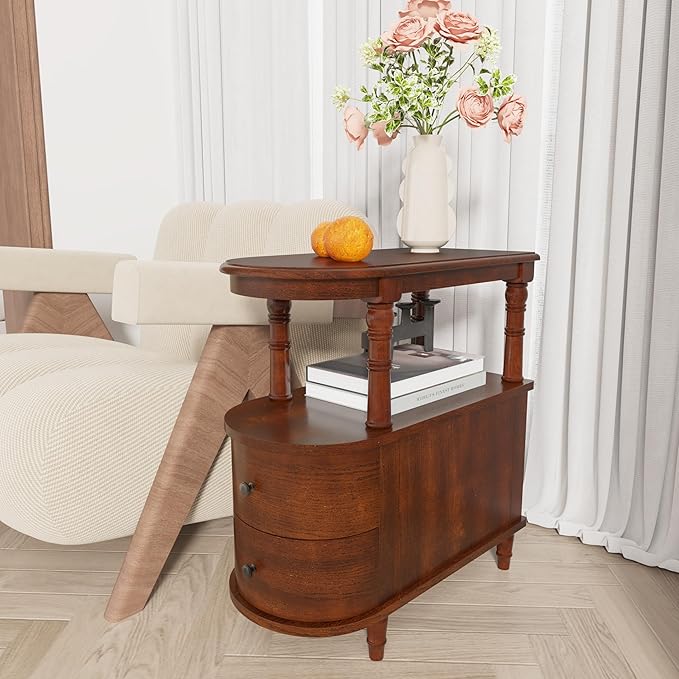 2 Set of Wood End Table with 2 Drawers and Storage Shelf, Narrow Sofa Side Table - Image 7