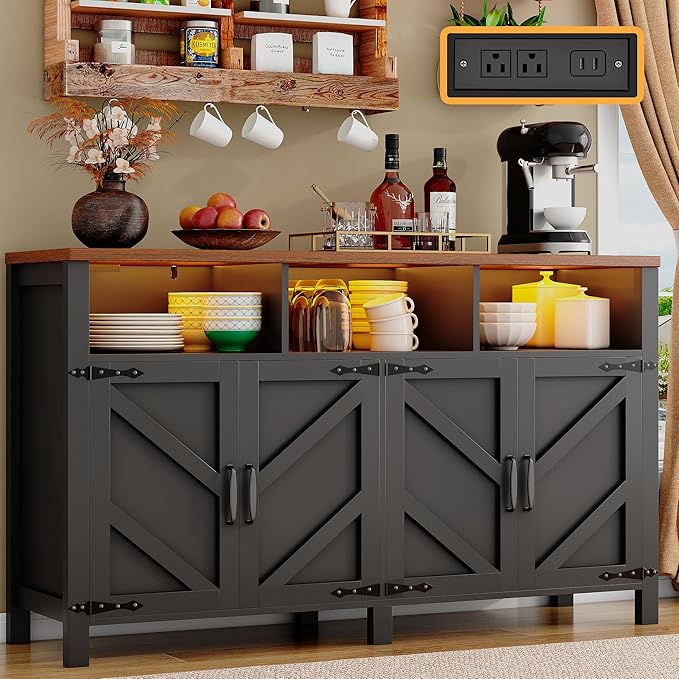Buffet Sideboard with Storage with Power Outlets & LED Light 4 Doors, Dining by KNOWORLD