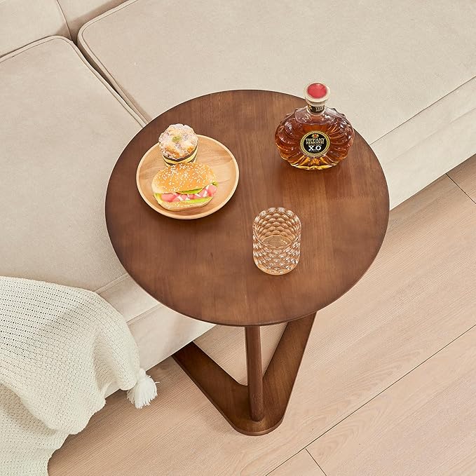 CozyDH Round End Table, Solid Wood C Shape Round Side Table, Walnut Coffee - Image 7