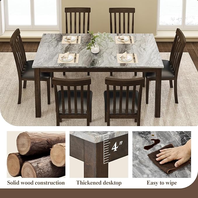 7-Piece Dining Table Set, Solid Wood Curved Backrests & PU Cushioned Seats - Image 4