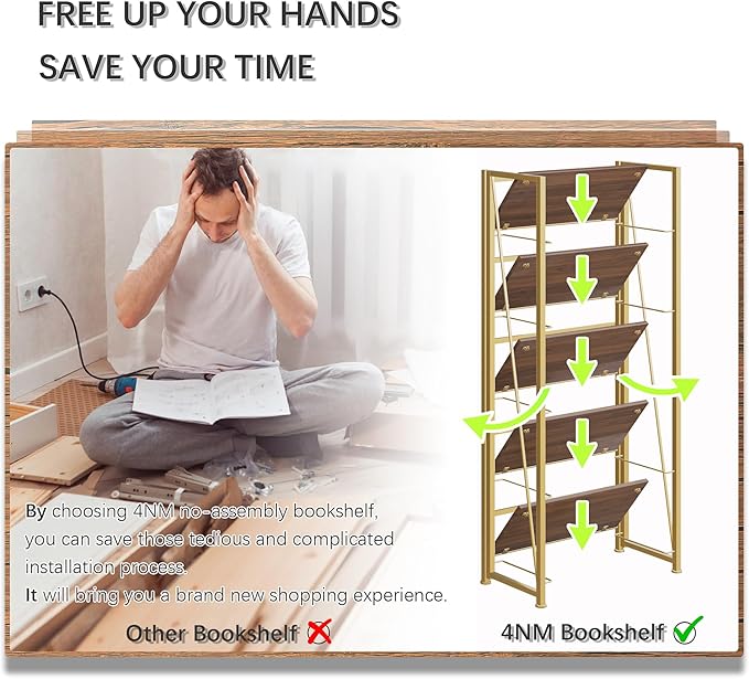 4NM No Assembly Folding Bookshelf, 5-Shelf 62.2" H Collapsible Foldable - Image 7