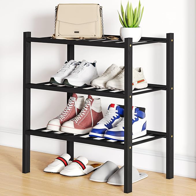 Smiry Shoe Rack, 3 Tier Small Bamboo Shoe Organizer, Stackable Free Standing by Smiry