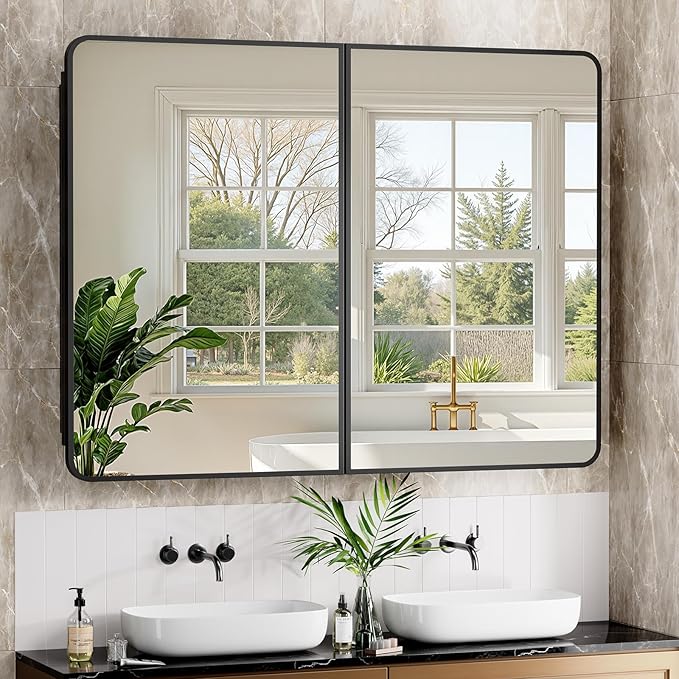 40x30 Inch Black Medicine Cabinet Mirror Metal Framed Recessed Bathroom by ACEMIRO