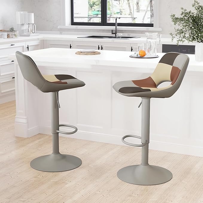 YOUNIKE Bar Stools Set of 2, Boho Colorful Patchwork Faux Leather Barstools - Image 9