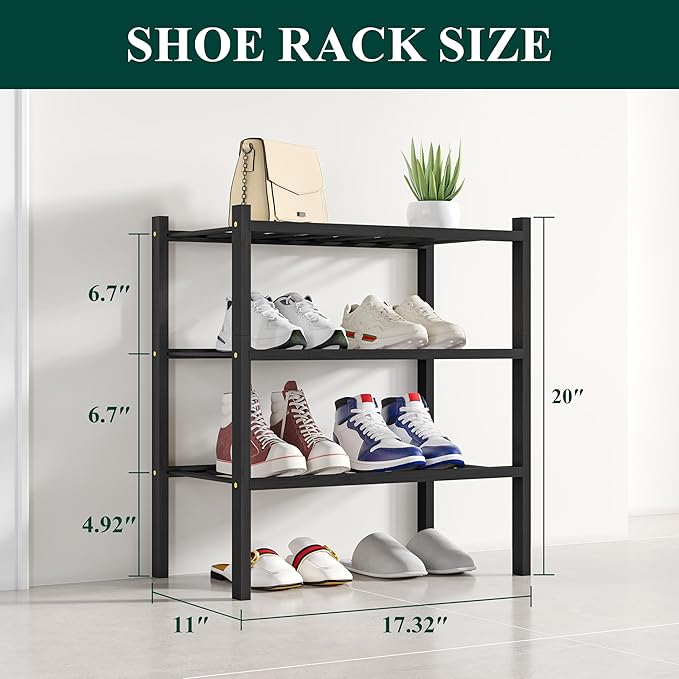 Smiry Shoe Rack, 3 Tier Small Bamboo Shoe Organizer, Stackable Free Standing - Image 2
