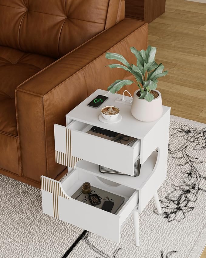 White Nightstand with Charging Station and LED Lights, Modern Bedside Table - Image 7