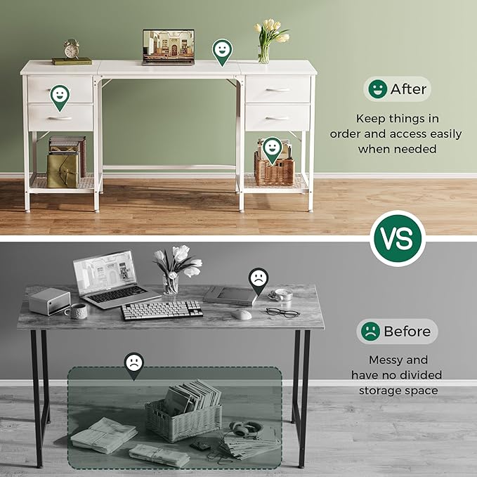 Huuger 63 Inch White Desk with 4 Drawers, Vanity Desk with Mesh Shelf, Large - Image 5