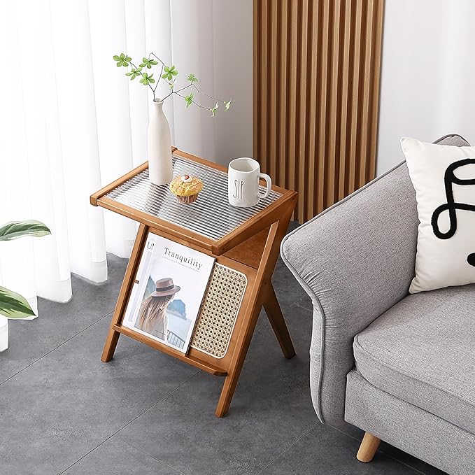 Tiita Rattan Nightstand Side Table, Bamboo Accent Bedside Tables, Glass Coffee - Image 8